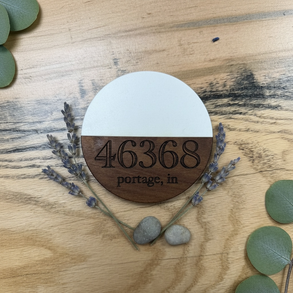 Round coaster with engraved address on an acacia wood and white marble surface 